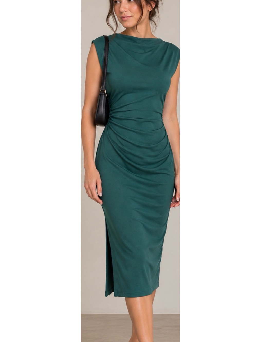 Young Fabulous & Broke Green Ruched Mock Neck Midi Dress NWOT